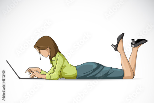 Vector: vector illustration of lady working on laptop laying on floor vector illustration of lady working on laptop laying on floor