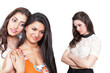Focus on lonely girl with two happy women in foreground