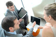 Business people meeting in trade fair building hall