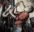 saxophone player in a street at night
