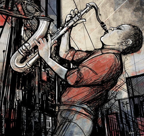 Vector: saxophone player in a street at night saxophone player in a street at night