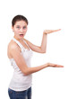 Surprised girl shows her hands the size of the isolated on white