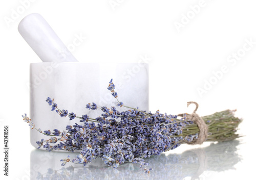 Photo: Lavender flowers with mortar isolated on white Lavender flowers with mortar isolated on white