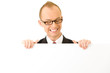 Photo: businessman holding a white billboard businessman holding a white billboard