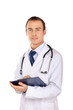 Male Doctor standing with folder, isolated on white background