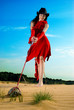 Cowboy girl walks a turtle pet