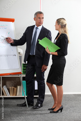 Photo: Business executives standing at a white board Business executives standing at a white board