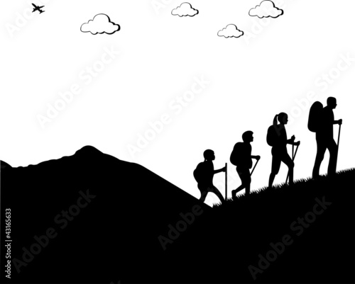 Vector: Mountain climbing, hiking family with rucksacks silhouette Mountain climbing, hiking family with rucksacks silhouette