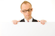 Photo: businessman holding a white billboard businessman holding a white billboard