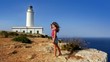 beautiful little girl greeting in mediterranean lighthouse sea
