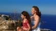 Family happy greeting goodbye in blue sea background