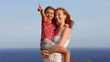 Family happy greeting goodbye in blue sea background
