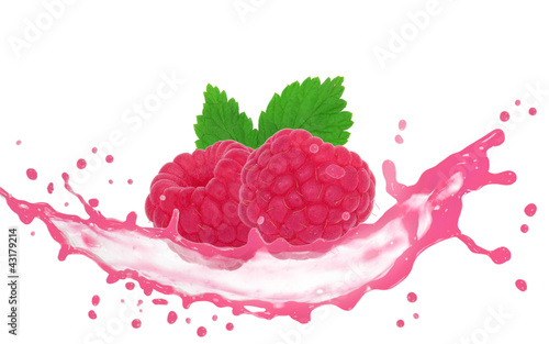 Photo: Raspbery with leaves and splash isolated on white Raspbery with leaves and splash isolated on white