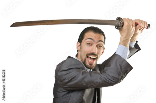 Photo: Businessman with sword on white Businessman with sword on white