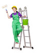 Woman worker standing on ladder