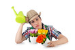 Girl watering plants on white
