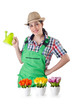 Girl watering plants on white