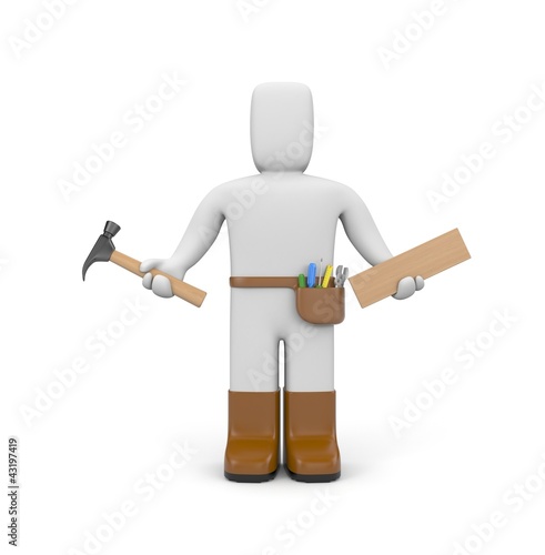 Illustration: Worker with hammer and plank of wood Worker with hammer and plank of wood
