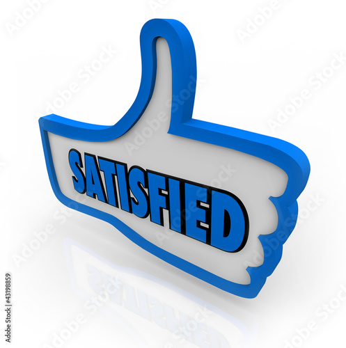 Illustration: Satisfied Word on Blue Thumb Pleased Thumbs Up Satisfied Word on Blue Thumb Pleased Thumbs Up