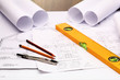 Photo: Tools and papers with sketches Tools and papers with sketches