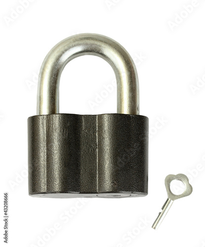 Photo: old padlock with key isolated on white background old padlock with key isolated on white background