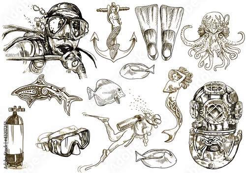 Vector: diving - the life of aquatic (hand drawing collection) diving - the life of aquatic (hand drawing collection)