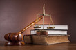 Law theme, mallet of judge, wooden gavel 