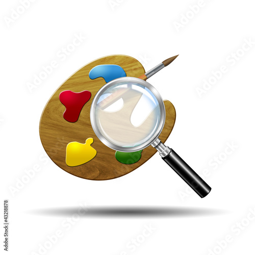 Ilustración: Icono lupa 3D con simbolo paleta de colores Icono lupa 3D con simbolo paleta de colores