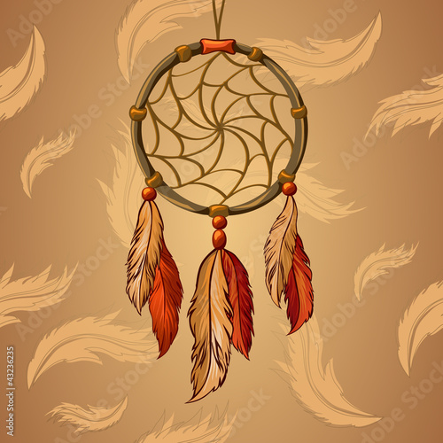 Vector: Vector Dream Catcher with the background of feathers Vector Dream Catcher with the background of feathers