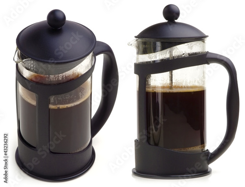 Photo: French press coffee maker on white background. In two scenes. French press coffee maker on white background. In two scenes.