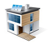 Isolated 3d vector icon of modern family house with wood facade.
