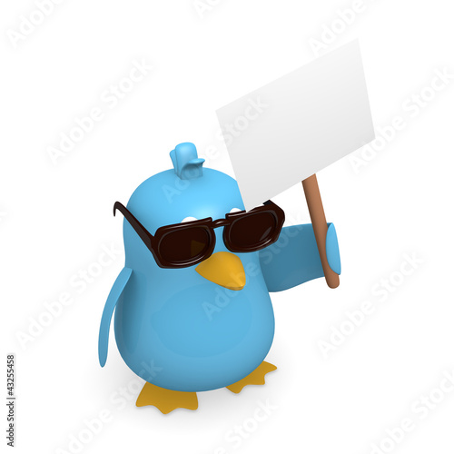 Illustration: Blue bird with sunglasses and a blank sign Blue bird with sunglasses and a blank sign