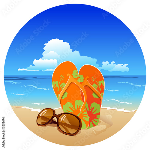 Vector: Pair of flip flops and sunglasses on the beach Pair of flip flops and sunglasses on the beach