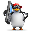 3d Penguin in baseball cap on mobile phone