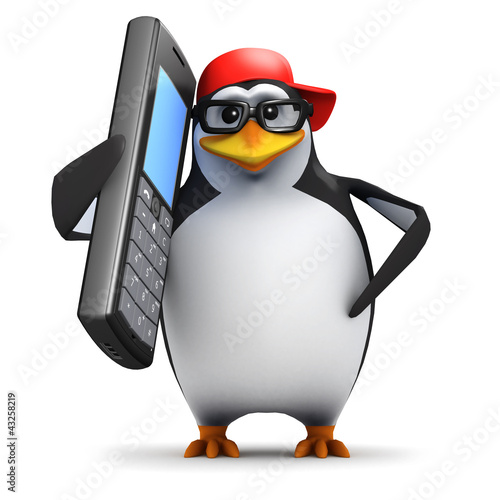Illustration: 3d Penguin in baseball cap on mobile phone 3d Penguin in baseball cap on mobile phone