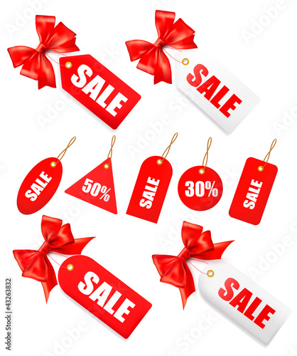 Vector: Big set of sales tags with red gift bow and ribbons Big set of sales tags with red gift bow and ribbons