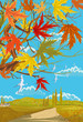 Rural autumn landscape with maple leaves