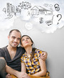 Closeup portrait of adult couple sitting on floor at their apart