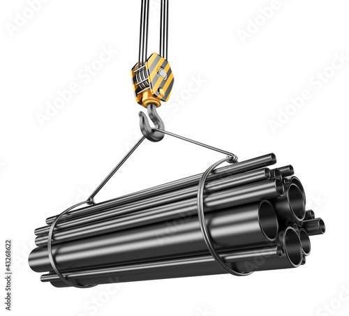 Illustration: Crane hook with steel pipes 3D. Isolated on white background Crane hook with steel pipes 3D. Isolated on white background