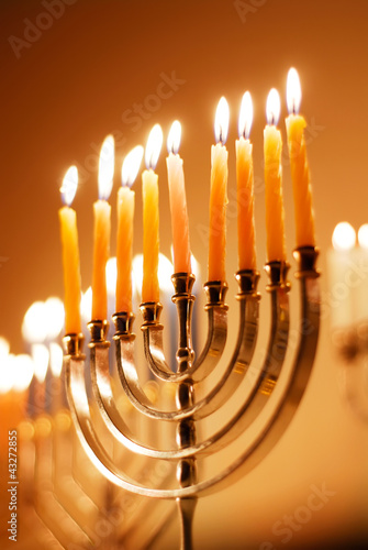 Photo: Brightly Lit Hanukkah Candles Brightly Lit Hanukkah Candles