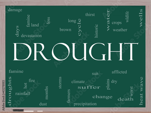 Illustration: Drought Word Cloud Concept on a Blackboard Drought Word Cloud Concept on a Blackboard