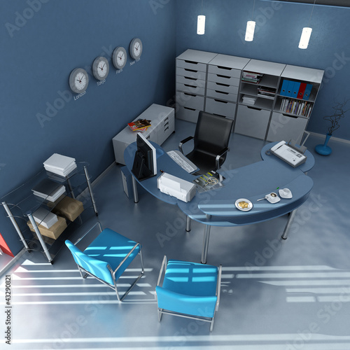 Photo: Aerial view of blue modern office Aerial view of blue modern office