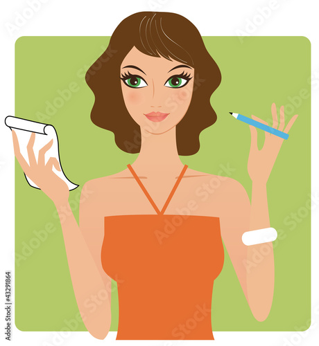 Illustration: Young attractive woman holding a pen and paper Young attractive woman holding a pen and paper