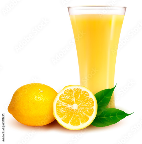 Vector: Ripe orange with leaves and glass with juice. Vector Ripe orange with leaves and glass with juice. Vector