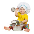 Photo: Baby cook with pan. Isolated over white Baby cook with pan. Isolated over white