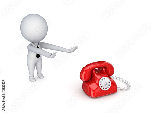 Illustration: 3d small person pulling hands to a telephone. 3d small person pulling hands to a telephone.
