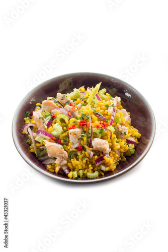 Photo: rice salad with chicken celery onions and chili pepper rice salad with chicken celery onions and chili pepper