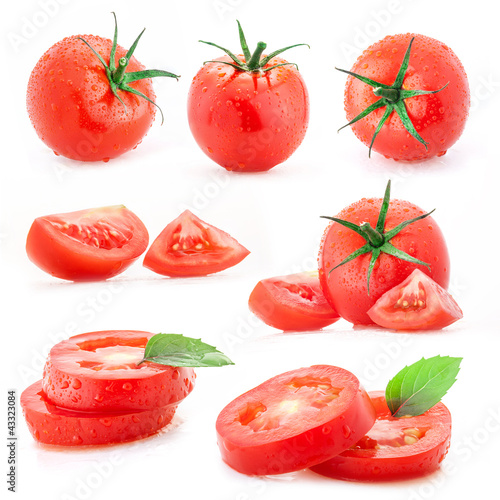 Photo: Collection of tomatoes and sliced, isolated on white background Collection of tomatoes and sliced, isolated on white background