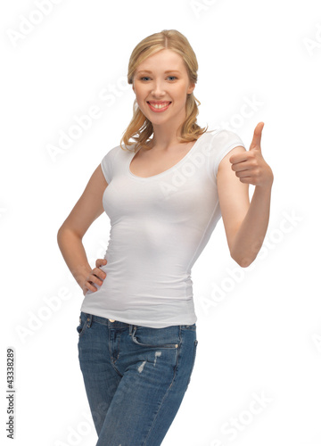 Photo: woman in blank white t-shirt with thumbs up woman in blank white t-shirt with thumbs up