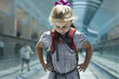 Caucasian girl riding on airport moving walkway